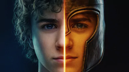 HD PC desktop wallpaper featuring a split portrait of Percy Jackson from the TV show Percy Jackson and the Olympians, half in modern look and half in ancient warrior helmet.