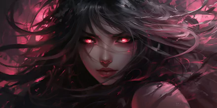 Dark digital art portrait of a woman with glowing red eyes and flowing hair, designed as an HD PC desktop wallpaper and background with an intense, mysterious atmosphere.