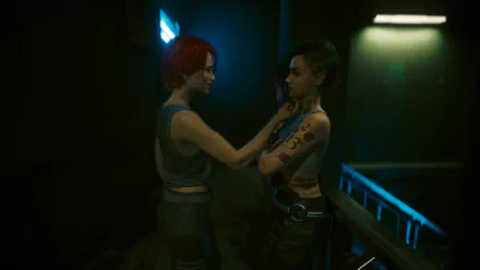 HD Cyberpunk 2077 PC wallpaper featuring Judy from Phantom Liberty, capturing a tender, intimate moment between two characters in a dark, futuristic setting.