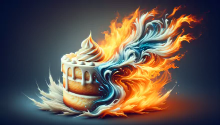 HD desktop wallpaper featuring an artistic vanilla cake with a dynamic fire and ice design.