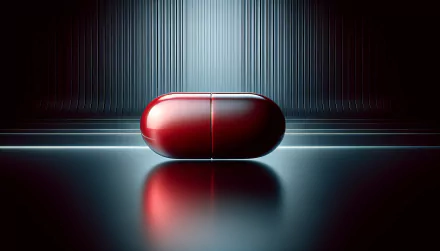 HD desktop wallpaper of a glossy red pill with a reflective surface on a dark striped background, tagged with red pill.