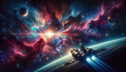 HD wallpaper of a spaceship exploring a vibrant cosmic nebula with stars and planets for desktop background – space exploration theme.