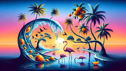 A vibrant Florida landscape featuring a colorful sunset over water, palm trees, flamingos, and citrus fruits, creating a striking HD wallpaper and background.