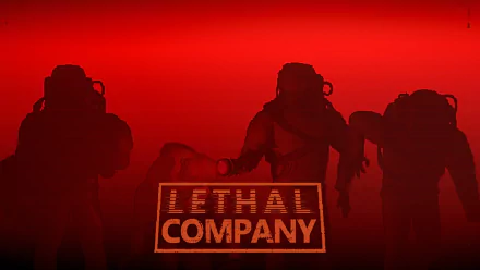 Silhouetted characters in a red ambiance with 'Lethal Company' logo, HD wallpaper for video game fans.