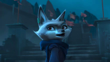 HD wallpaper featuring Zhen from Kung Fu Panda 4, showcasing the character in a dynamic pose against a mystical mountain backdrop.