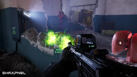 HD wallpaper featuring a first-person perspective from the video game Shrapnel, with a player holding a gun aimed at a glowing green object amidst a gritty industrial setting.