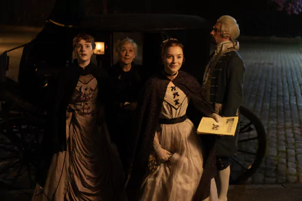 HD wallpaper of 'Belgravia: The Next Chapter' TV show depicting characters in period costumes beside a carriage at night.