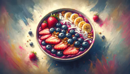 Colorful HD desktop wallpaper featuring a vibrant acai bowl with strawberries, blueberries, bananas, and granola on an artistic background.