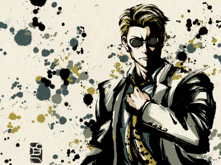 4K Ultra HD anime wallpaper featuring Kento Nanami from Jujutsu Kaisen in a stylish suit, set against a splattered paint background.