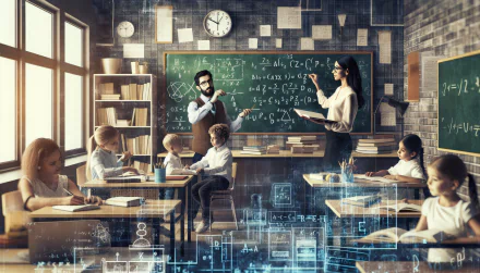 HD wallpaper featuring a classroom scene with a teacher at the blackboard and students at their desks, conveying an engaging educational environment.