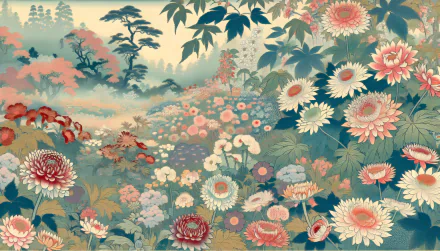 A vibrant flower garden bursts with colors, featuring a variety of blossoms amidst lush greenery and distant trees, creating a serene HD desktop wallpaper and background.