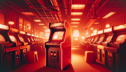 HD desktop wallpaper featuring a vibrant arcade room with rows of arcade machines bathed in a warm, neon glow.