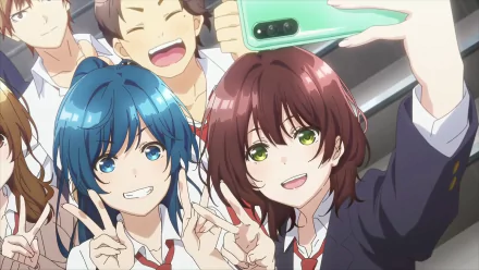 Anime characters from Bottom-Tier Character Tomozaki posing for a selfie in an HD desktop wallpaper.