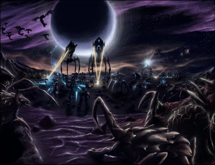 HD PC desktop wallpaper from the video game Starcraft II: Wings of Liberty, featuring an alien battlefield under a dark sky with towering robotic units and silhouetted creatures.