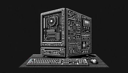 High-definition desktop wallpaper featuring an artistic sketch of a gaming PC setup with monitor, keyboard, and mouse on a black background.