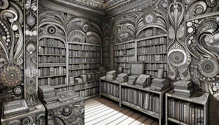 A stunning HD desktop wallpaper featuring an intricate bookstore interior, with detailed shelves filled with books and ornate patterns adorning the walls and ceiling.