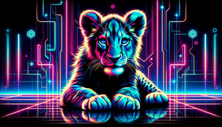 Neon glowing lion cub HD wallpaper with a futuristic circuit background for desktop.