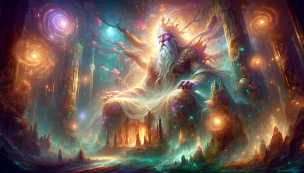 An enchanting HD desktop wallpaper featuring an Elder God surrounded by cosmic elements, vibrant colors, and otherworldly landscapes, evoking a sense of ancient power and mystery.