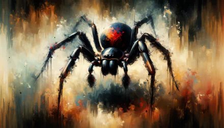 HD wallpaper of an artistically rendered black widow spider on a textured background.
