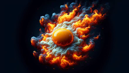 HD wallpaper of a stylized fried egg with fiery and smoky effects on a dark background.