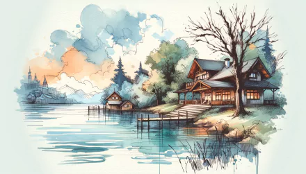 A serene lake house surrounded by lush trees and gentle waters, with a tranquil atmosphere and a beautiful sunset sky, captured in a stunning HD wallpaper.