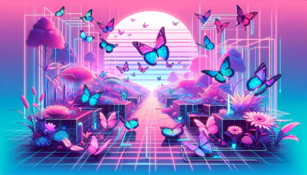 A vibrant butterfly garden with colorful butterflies fluttering amidst neon plants and flowers, set against a stunning HD wallpaper backdrop with a glowing sunset.