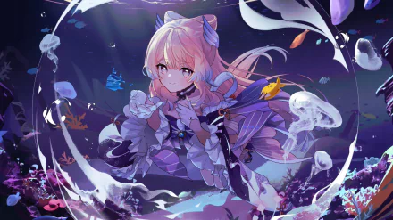 HD PC desktop wallpaper featuring Sangonomiya Kokomi from Genshin Impact surrounded by glowing jellyfish and underwater elements in a vibrant, mystical setting.