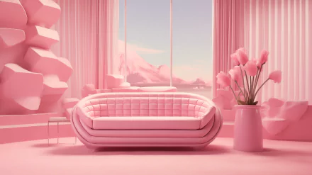 HD desktop wallpaper featuring a pink aesthetic interior design with a stylish pink sofa, curtains, and tulips, set against a backdrop of majestic pink mountains.