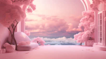 A dreamy pink aesthetic scene featuring fluffy clouds and pastel trees, creating a serene atmosphere, designed as an HD desktop wallpaper and background.