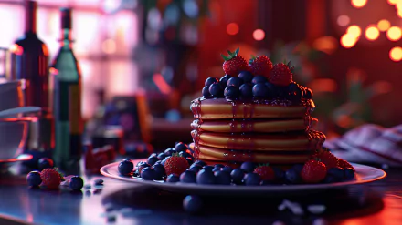 A sumptuous stack of blueberry pancakes, topped with fresh blueberries and raspberries, set against a vibrant, warm backdrop—this HD desktop wallpaper brings a delicious touch to your screen.