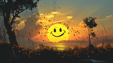HD desktop wallpaper featuring a cheerful yellow smiley face overlaying a stunning sunset scene with silhouettes of trees and grass.