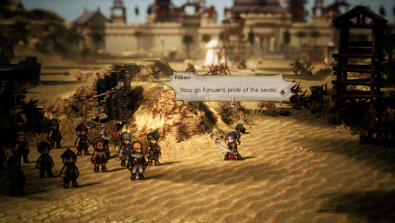 HD desktop wallpaper featuring a scene from Octopath Traveler II video game with characters and dialogue.