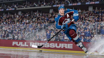 HD desktop wallpaper of NHL 24 video game featuring a hockey player in action on the ice with a crowd in the background and FULL PRESSURE text visible on the rink boards.
