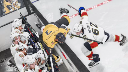 Hockey action from video game NHL 24 captured in HD desktop wallpaper featuring players by the rink boards.