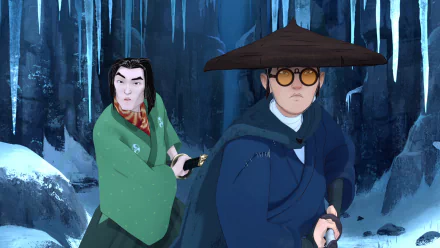 Anime-inspired HD desktop wallpaper featuring a blue-eyed samurai and a companion, set against a backdrop of icy rocks and snow, capturing a moment of tension and adventure.