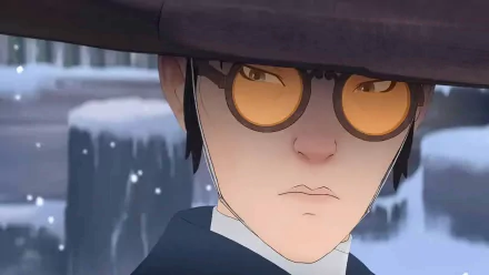 Anime-style HD wallpaper featuring a blue-eyed samurai with intense expression, wearing a hat and round glasses, set against a snowy background.