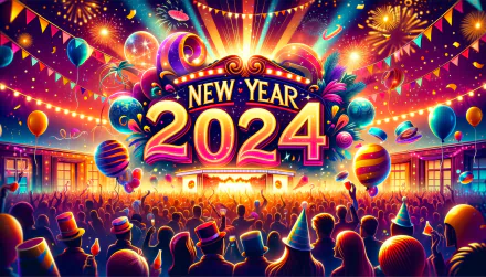 Colorful New Year 2024 celebration HD desktop wallpaper featuring festive fireworks, balloons, and a cheering crowd.