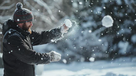Person throwing a snowball in a winter wonderland, perfect HD wallpaper for a snowy desktop background.