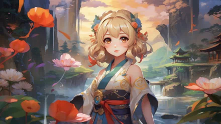 HD desktop wallpaper of Kirara from Genshin Impact with a scenic background.