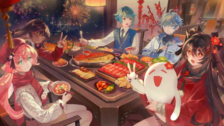 4K Ultra HD desktop wallpaper featuring Genshin Impact characters Xinyan, Yanfei, Xingqiu, and Chongyun enjoying a festive meal together.