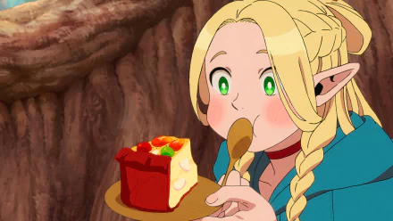 A vibrant HD anime wallpaper featuring Marcille Donato from Delicious in Dungeon, joyfully taking a bite of a colorful dessert with a spoon.