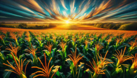 Vibrant HD wallpaper featuring a sunrise over a lush cornfield with radiant skies and dynamic clouds.