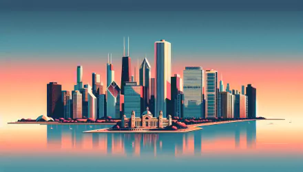 HD desktop wallpaper of a stylized Chicago skyline reflecting in water during sunset.