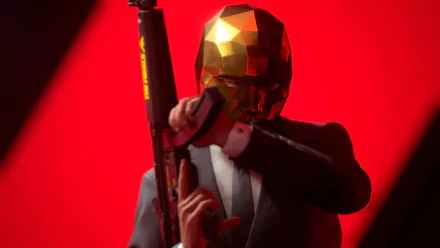HD wallpaper of a character from 'The Finals' video game with a geometric golden mask, posing with a rifle against a red background.