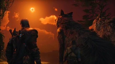 HD desktop wallpaper from God of War: Ragnarök featuring characters observing an eclipse in a mystical landscape.