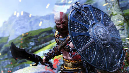 Kratos from God of War: Ragnarök holding an axe and a shield, poised for battle in a vibrant HD desktop wallpaper.
