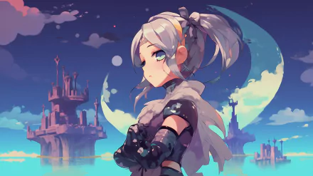 HD wallpaper featuring the character Silver Wolf from Honkai: Star Rail video game, set against a backdrop of a fantasy castle and colorful dusk sky.