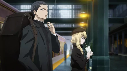 Anime characters from The Witch and the Beast standing in a train station, HD desktop wallpaper.