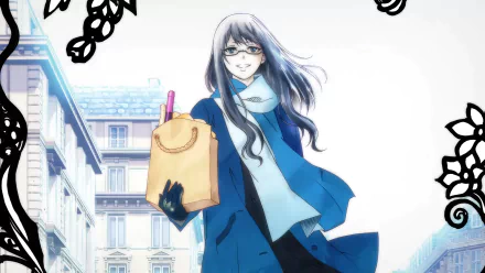 HD anime wallpaper featuring a stylish character from 'The Witch and the Beast' with a shopping bag, set against a European cityscape background.