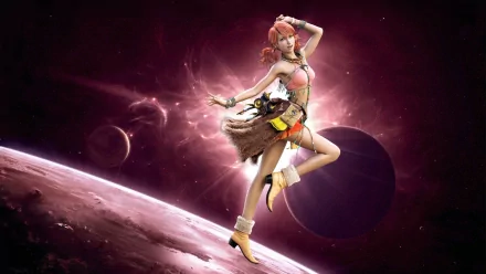A vibrant HD wallpaper featuring Oerba Dia Vanille from Final Fantasy XIII, showcasing her dynamic pose amidst a cosmic background of planets and nebulae.